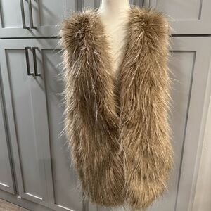 Sebby Collection Shaggy Faux Fur Long Tan Taupe Sweater Vest size XL‎ mob wife